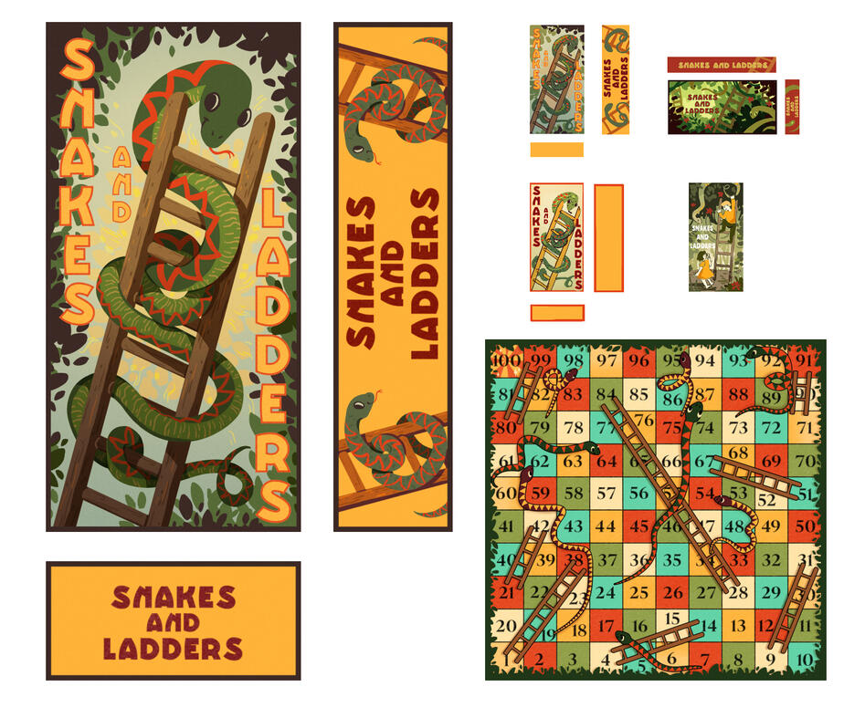 Snakes and Ladders board game and box design for Lowbirth Games on This Bed We Made project, 2022