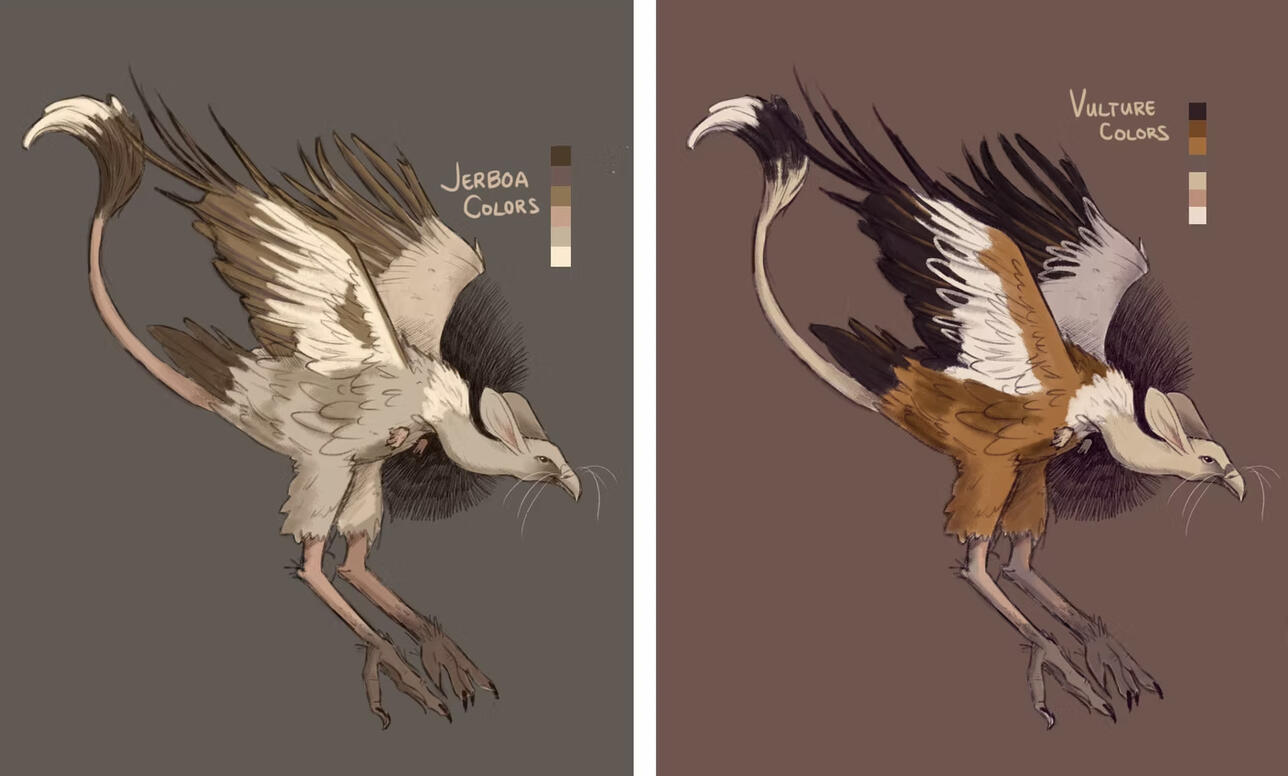 Color variants on vulture/jerboa fusion, 2020, Photoshop